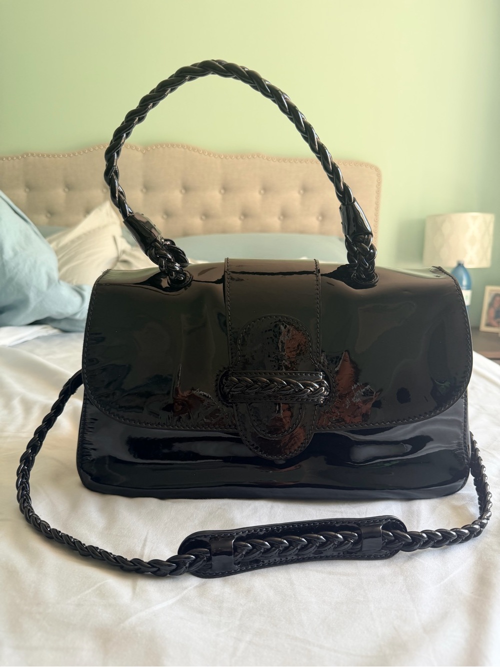 Valentino Garavani Black Patent Braided-Handle Shoulder Bag